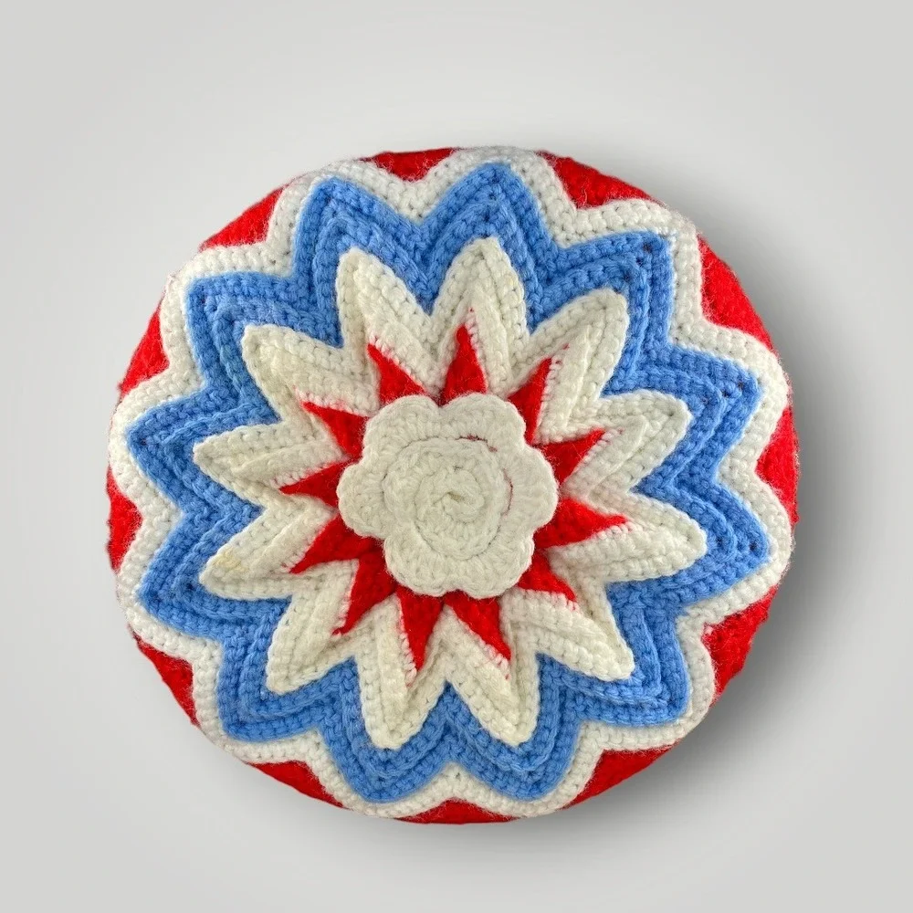 Crochet Flower Pillow Red White Blue Bicentennial Decor Handmade July 4 1970s